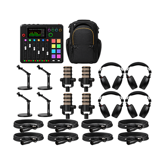 Podcast set met RODECaster Pro II, microfoons, koptelefoons, statieven, kabels en rugtas, te huur bij Vibe Sound